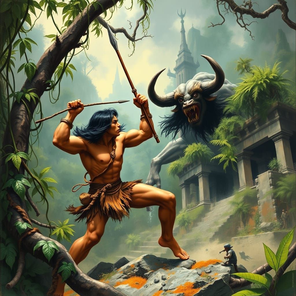 Tarzan Battles Minotaur in Jungle, Fantasy Art