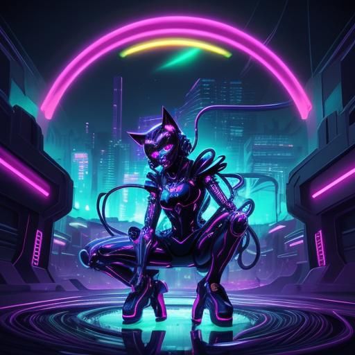 Neon Anime Figurine in Toxic Retro Cityscape