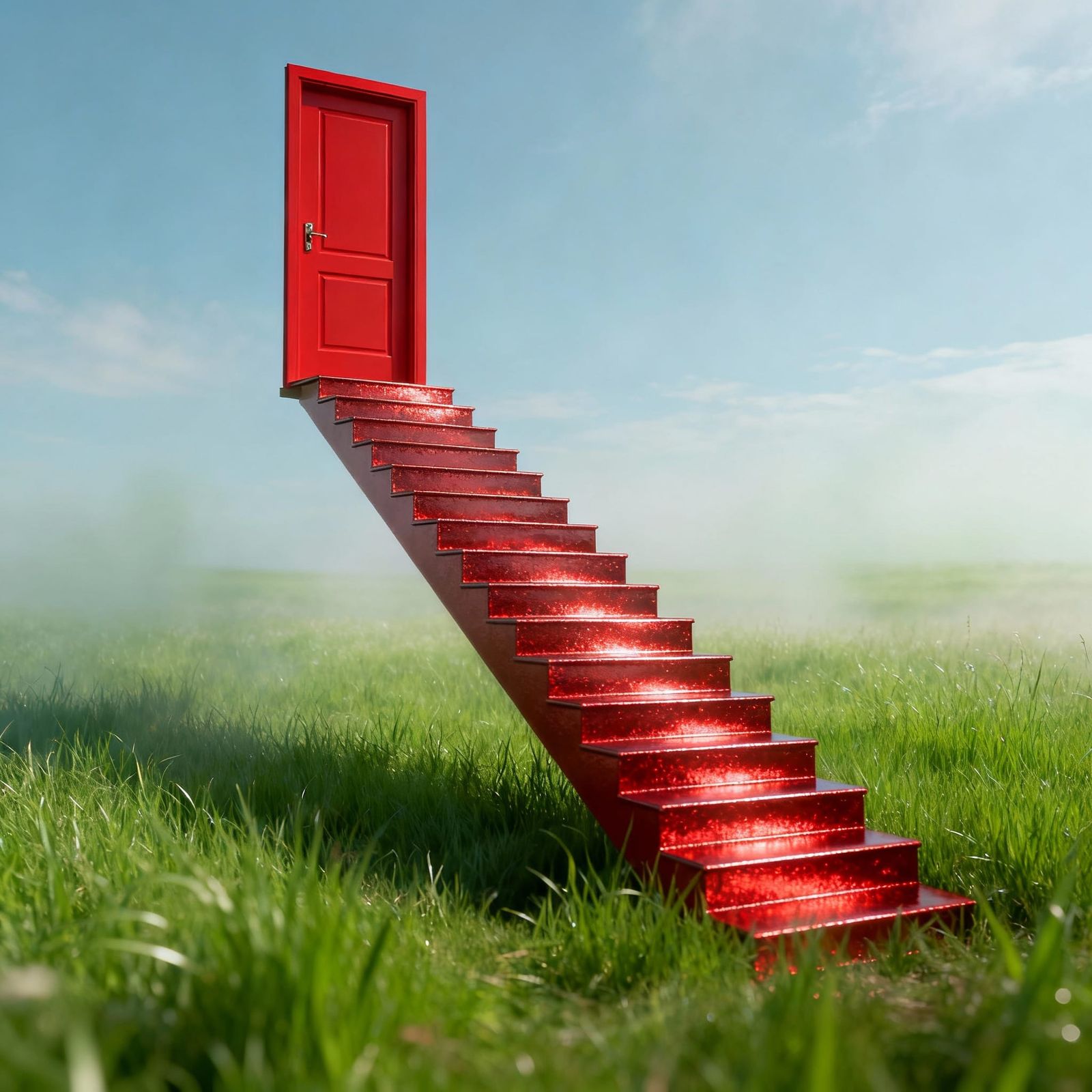 A red door hovering in the sky with a shimmering red stairwa...