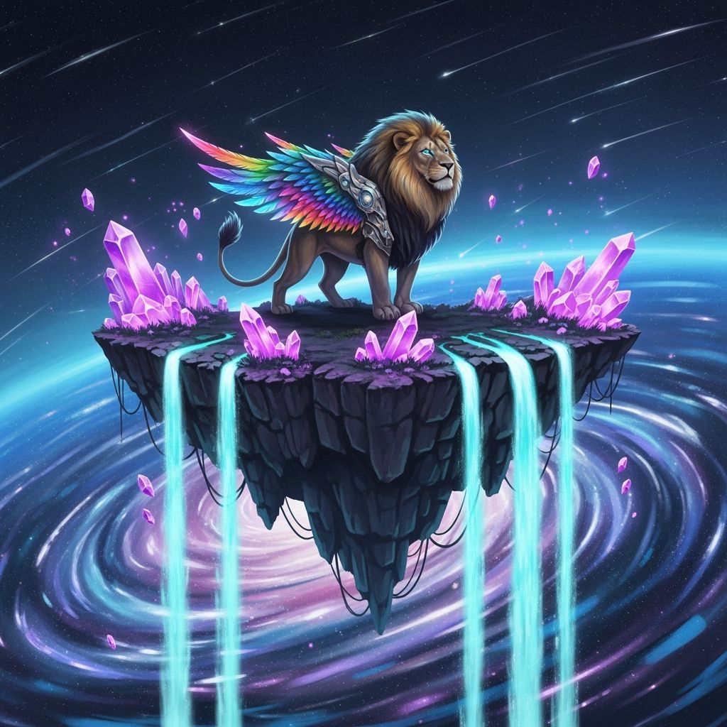 Lion with Feathers on Floating Island in Nebula