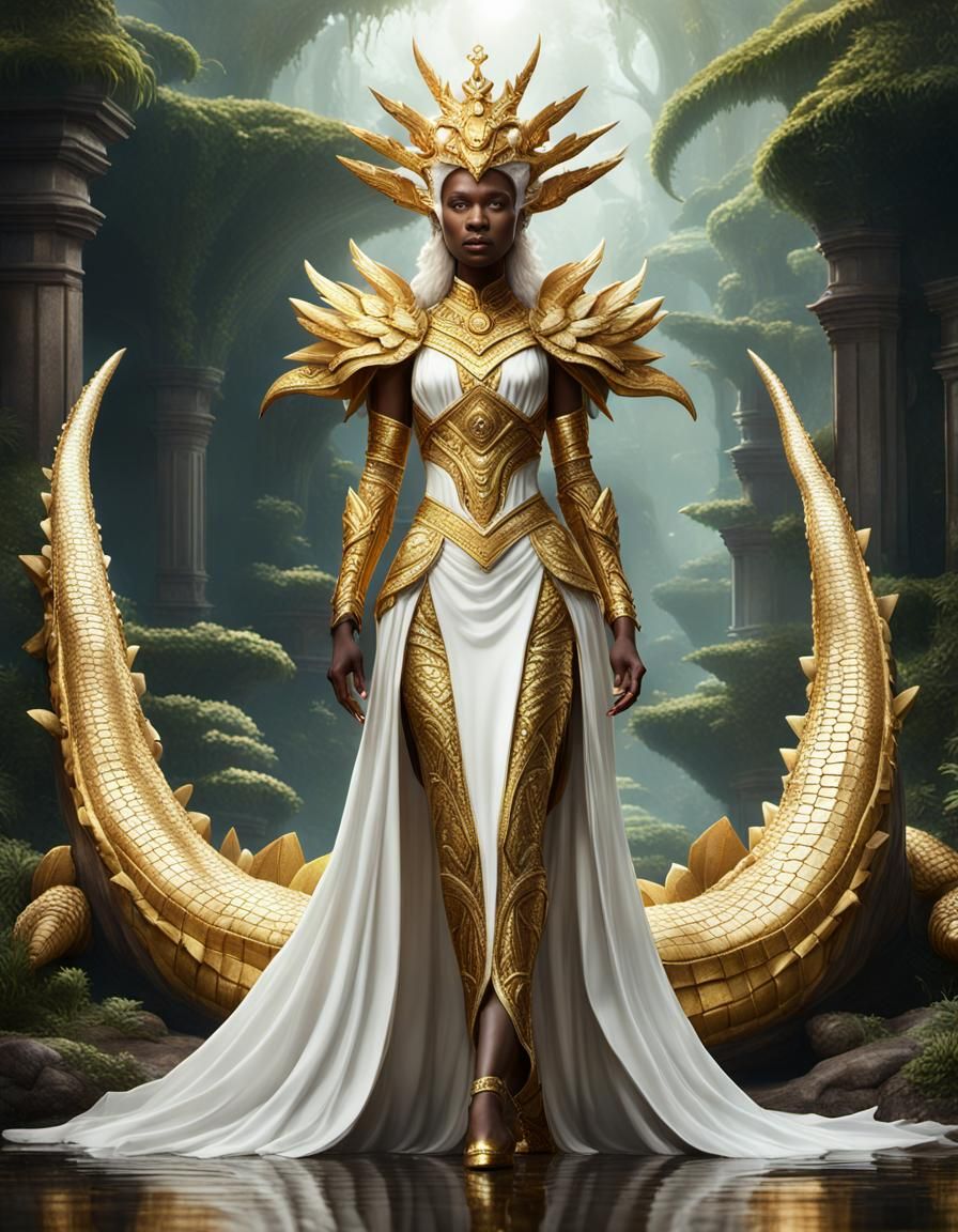 Anthropomorphic white crocodile goddess woman with golden dress