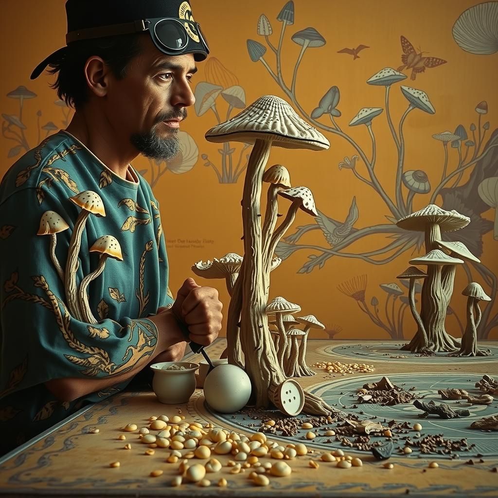 Linocut Mushroom Garden with Porcelain Sculptors