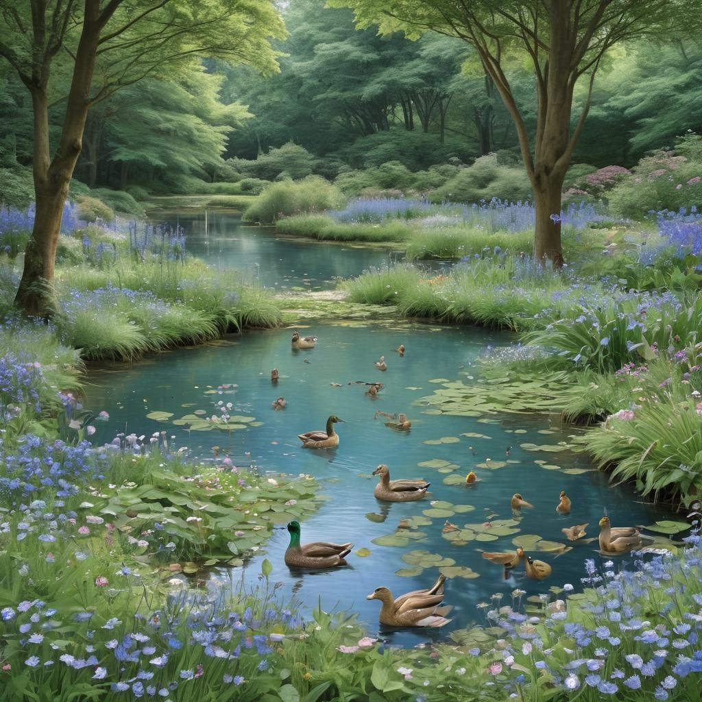 Enchanting Duck Pond Scene in Cornflower Blue