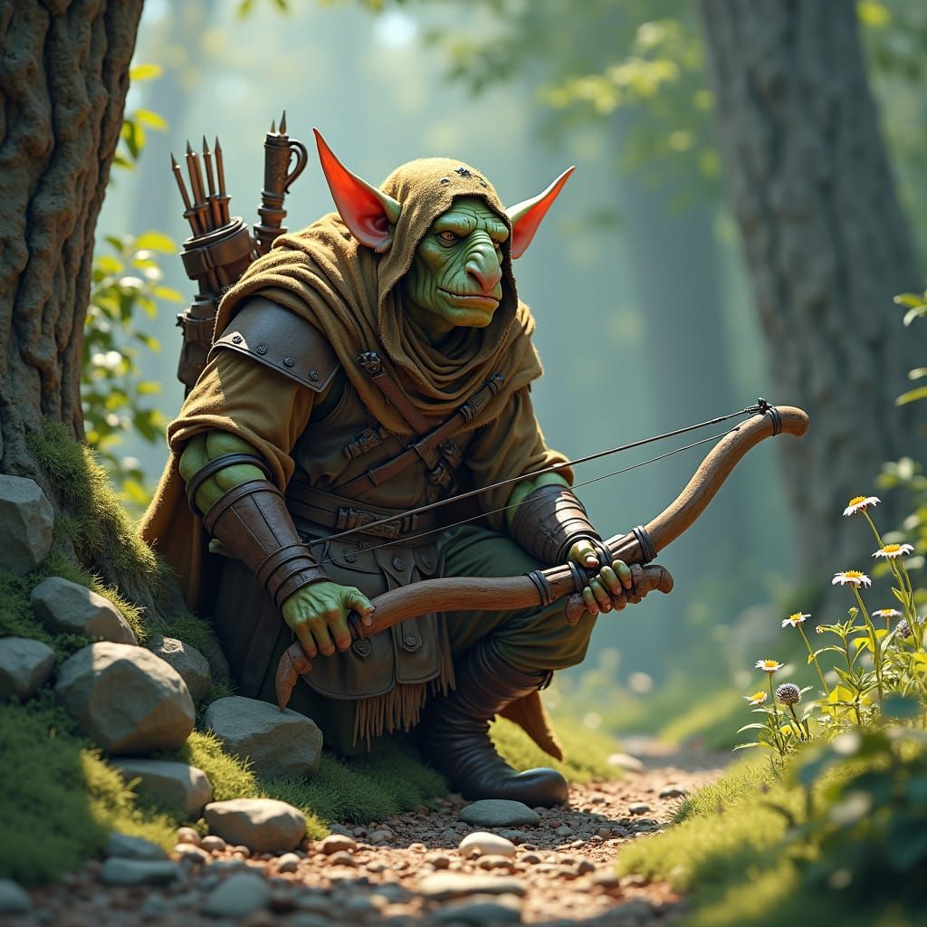 Goblin Ranger in Forest, Hyper-Realistic Anime Style