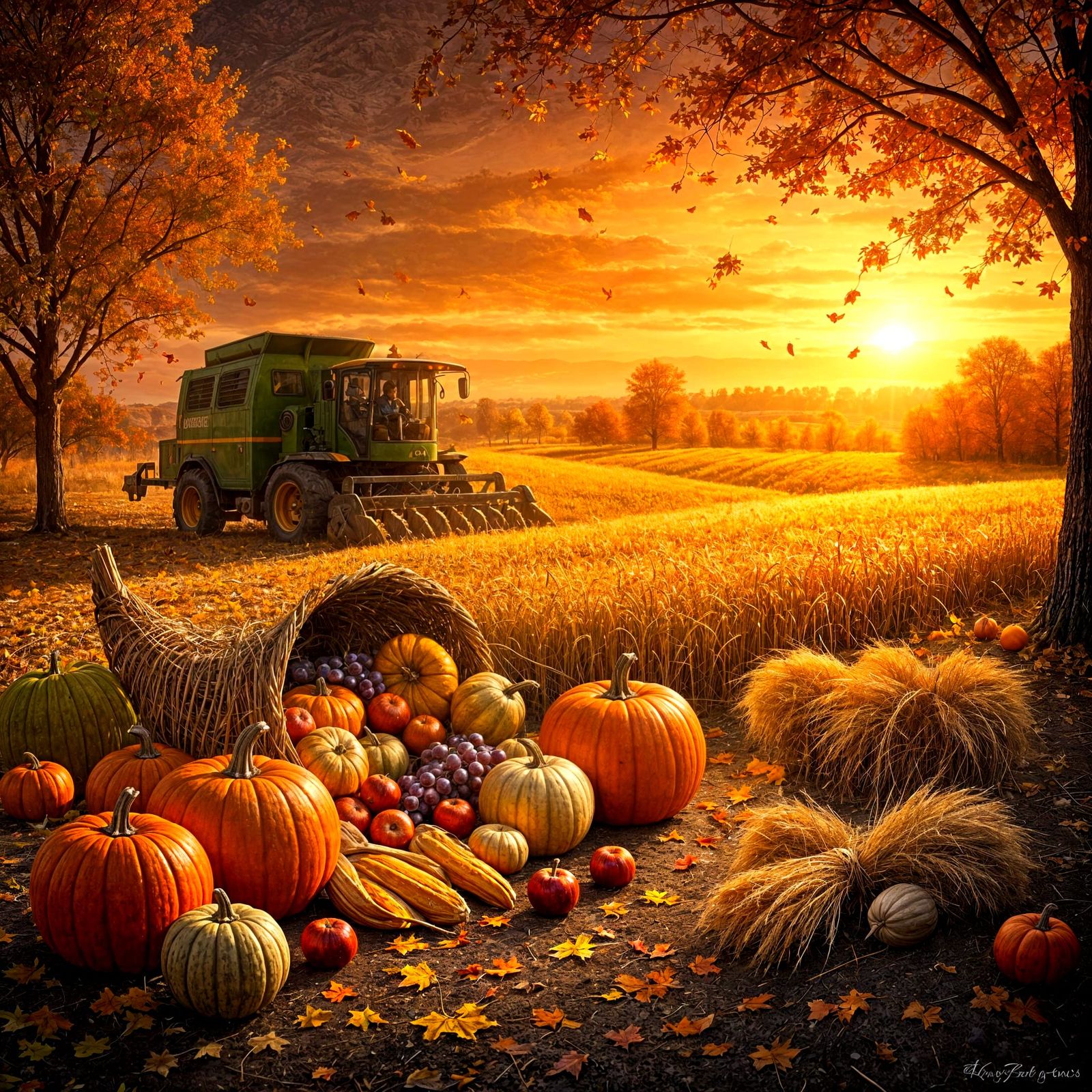 Autumn Harvest Landscape with Cornucopia at Golden Hour