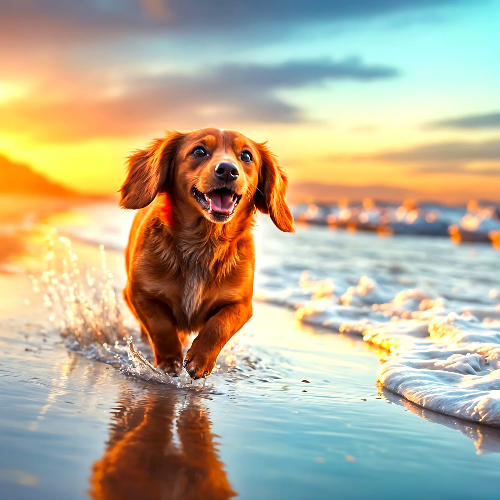 Vibrant Sunset Dachshund Joyfully Chases Waves on Beach