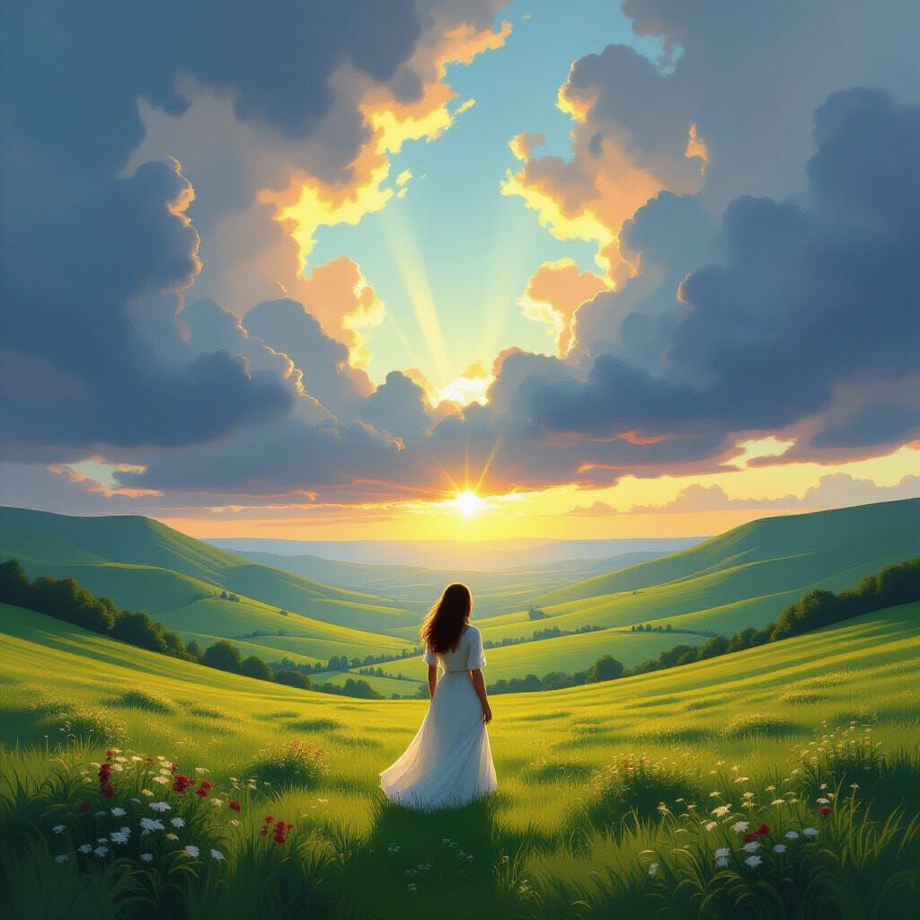 Woman in Valley Bathed by Sunbeams