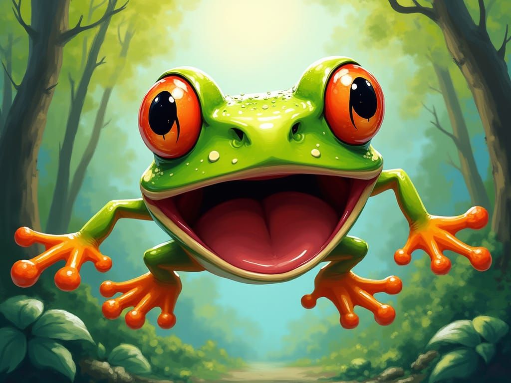 Surprised Cartoon Frog Leaping in Forest, Graffiti Art