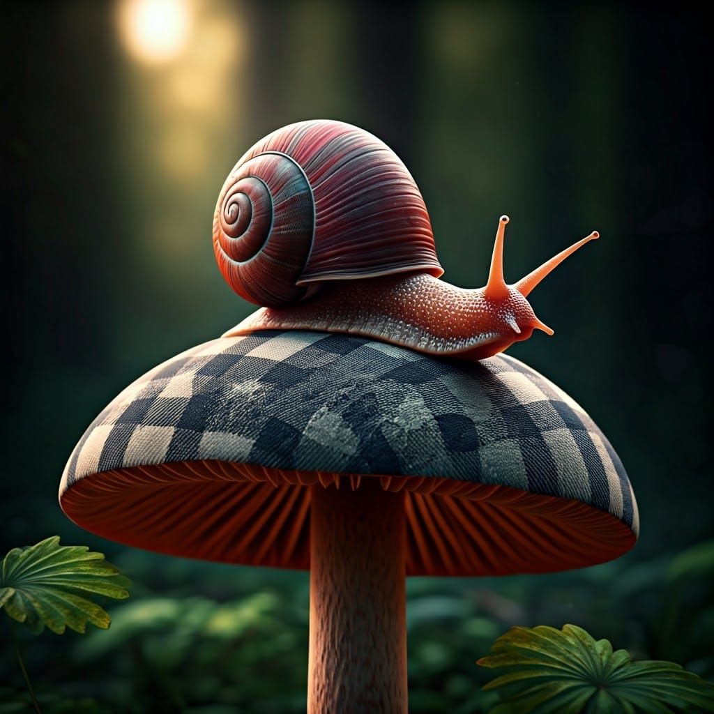 Gingham Snail on Mushroom: Hyperrealistic Octane Photography