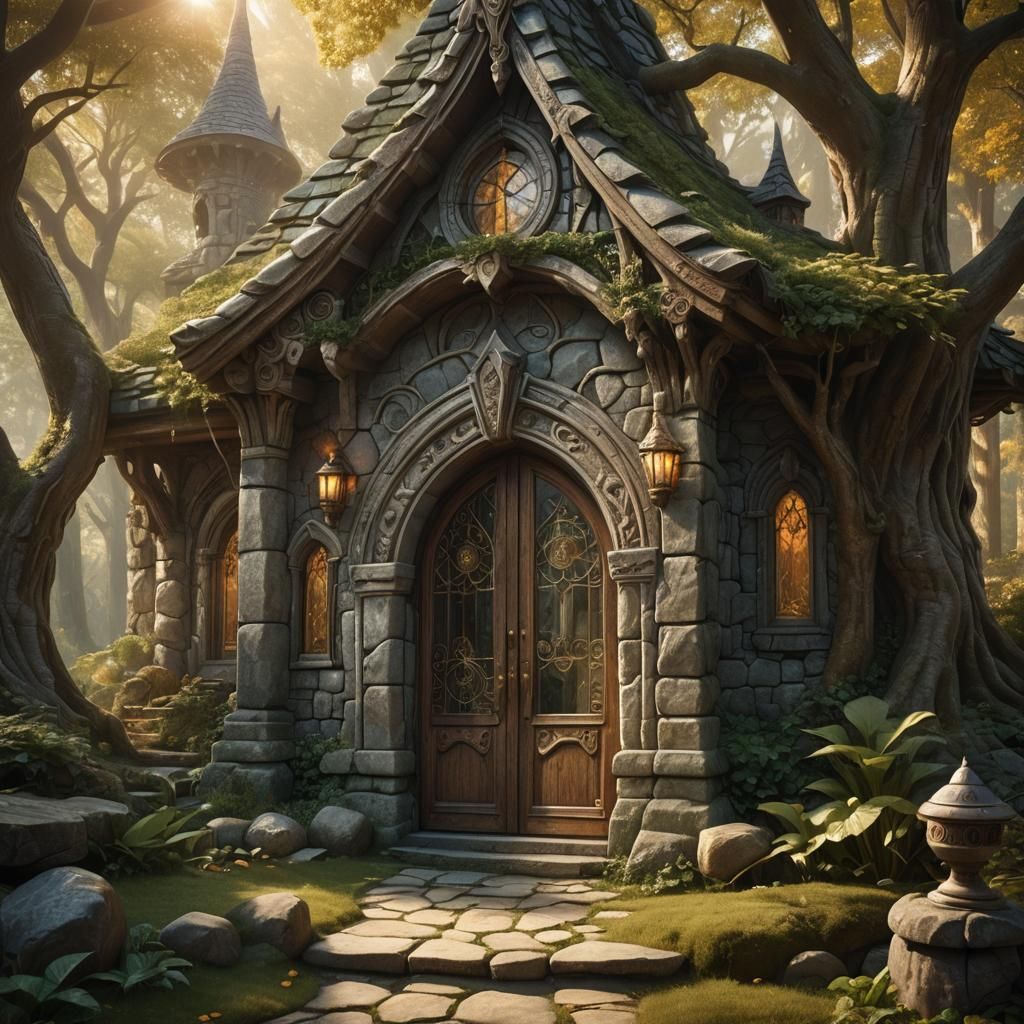Mystical Elf House in Misty Woods: Digital Painting