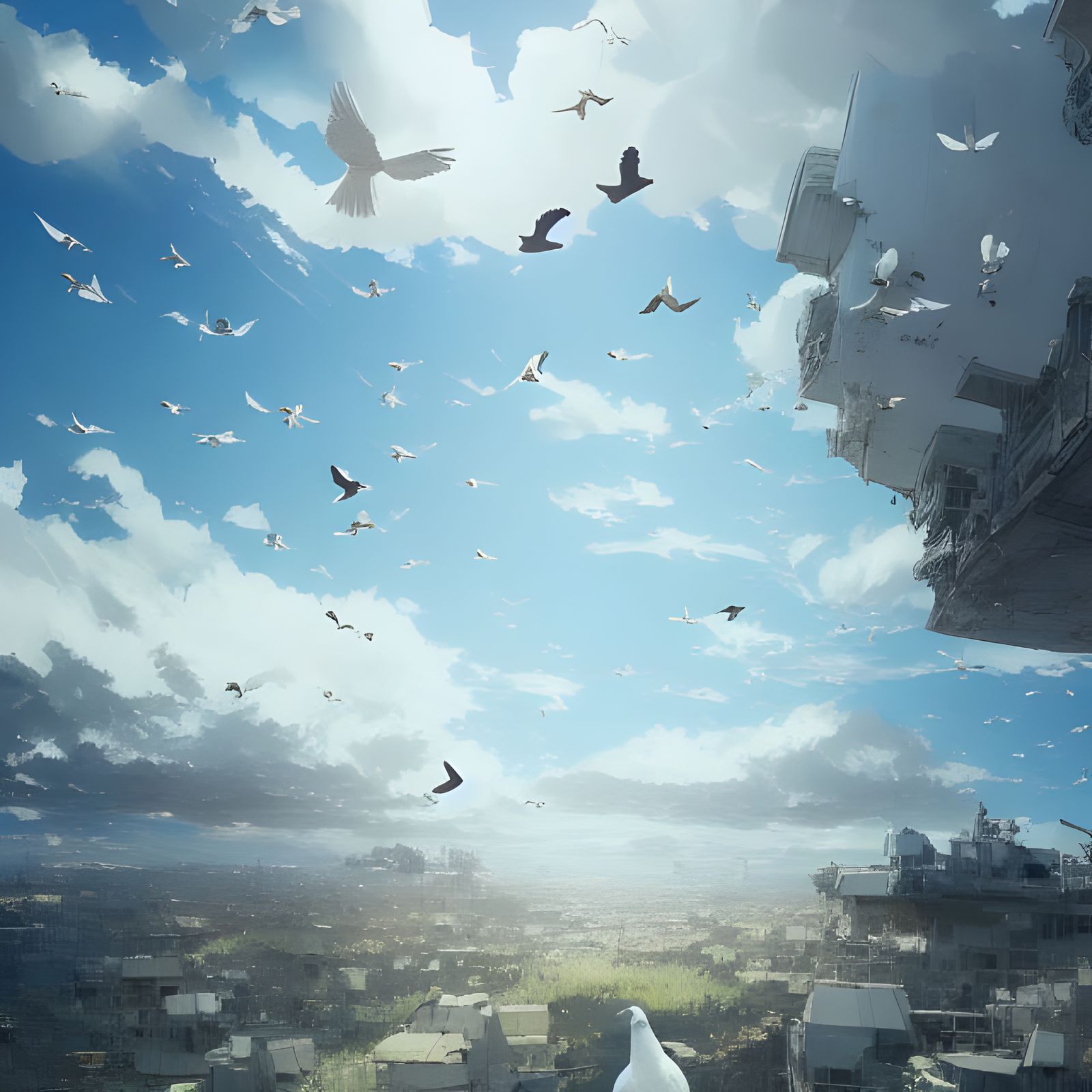Futuristic Cityscape Dominated by White Doves