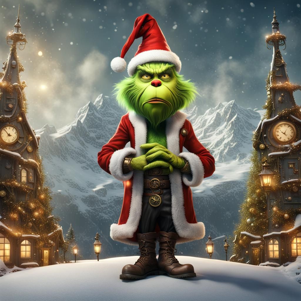 Steampunk Grinch in Gold and Gray Landscape