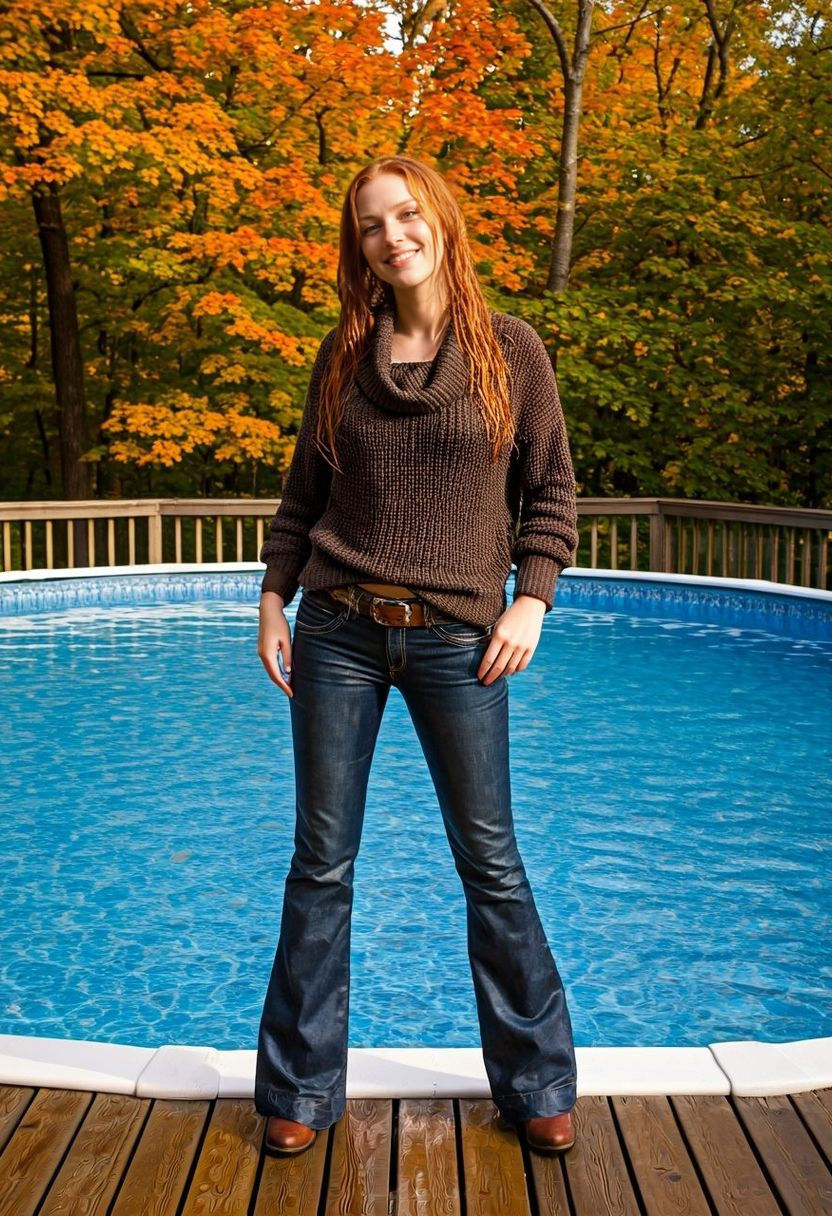 Redhead Swims in Autumn Pool, Smiles Mischievously