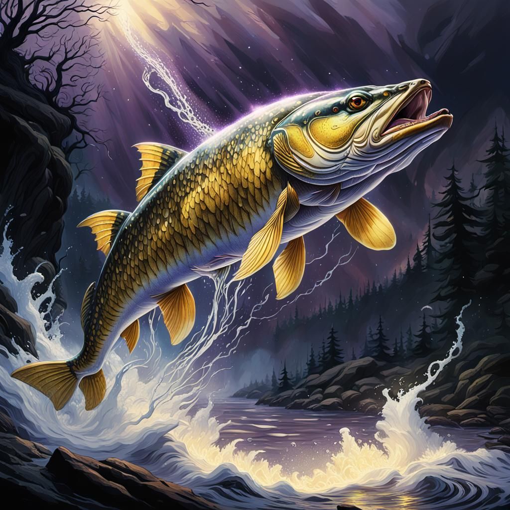 Giant Pike Leaping in Raging River, Dark Fantasy Art
