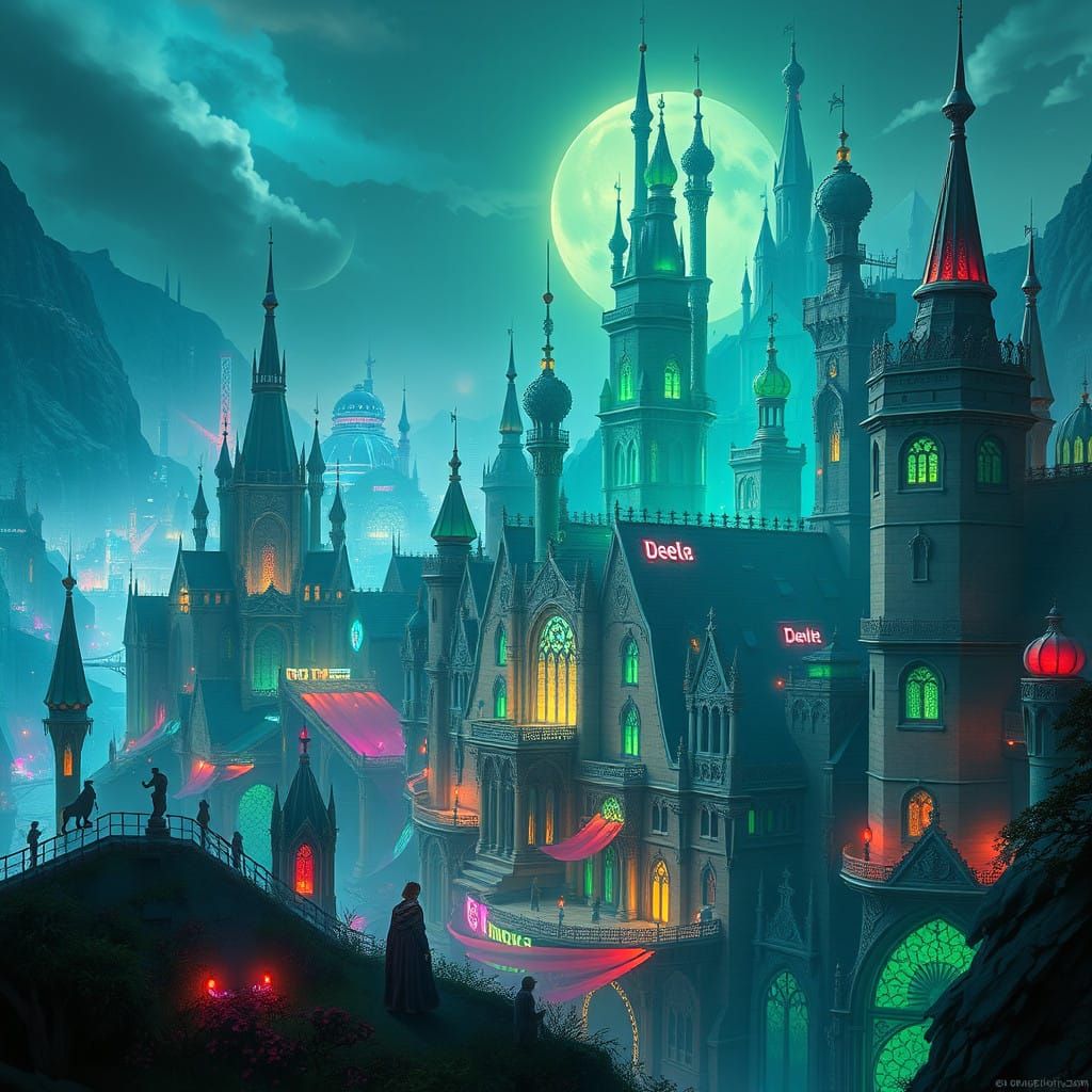 Surreal Medieval Cyberpunk Metropolis in Neon