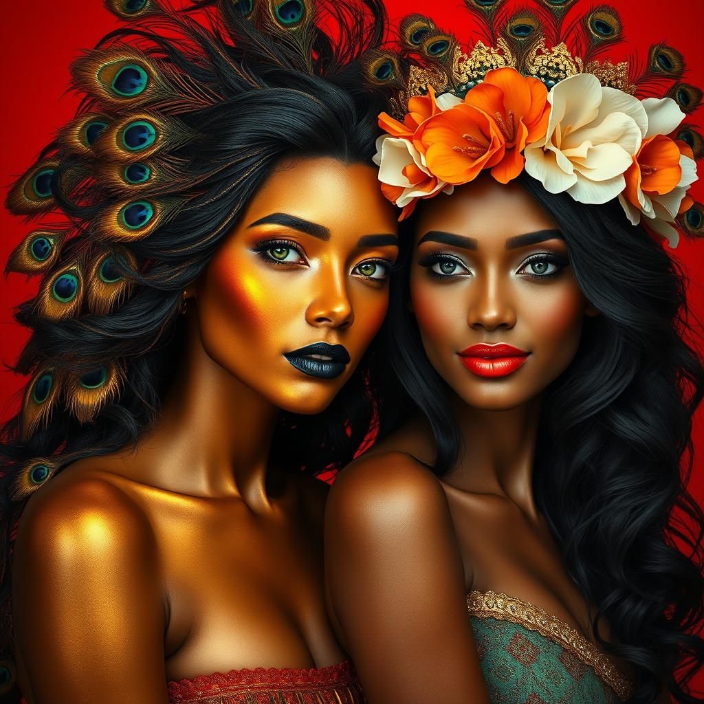 Golden Woman with Peacock Hair and Companion Portrait