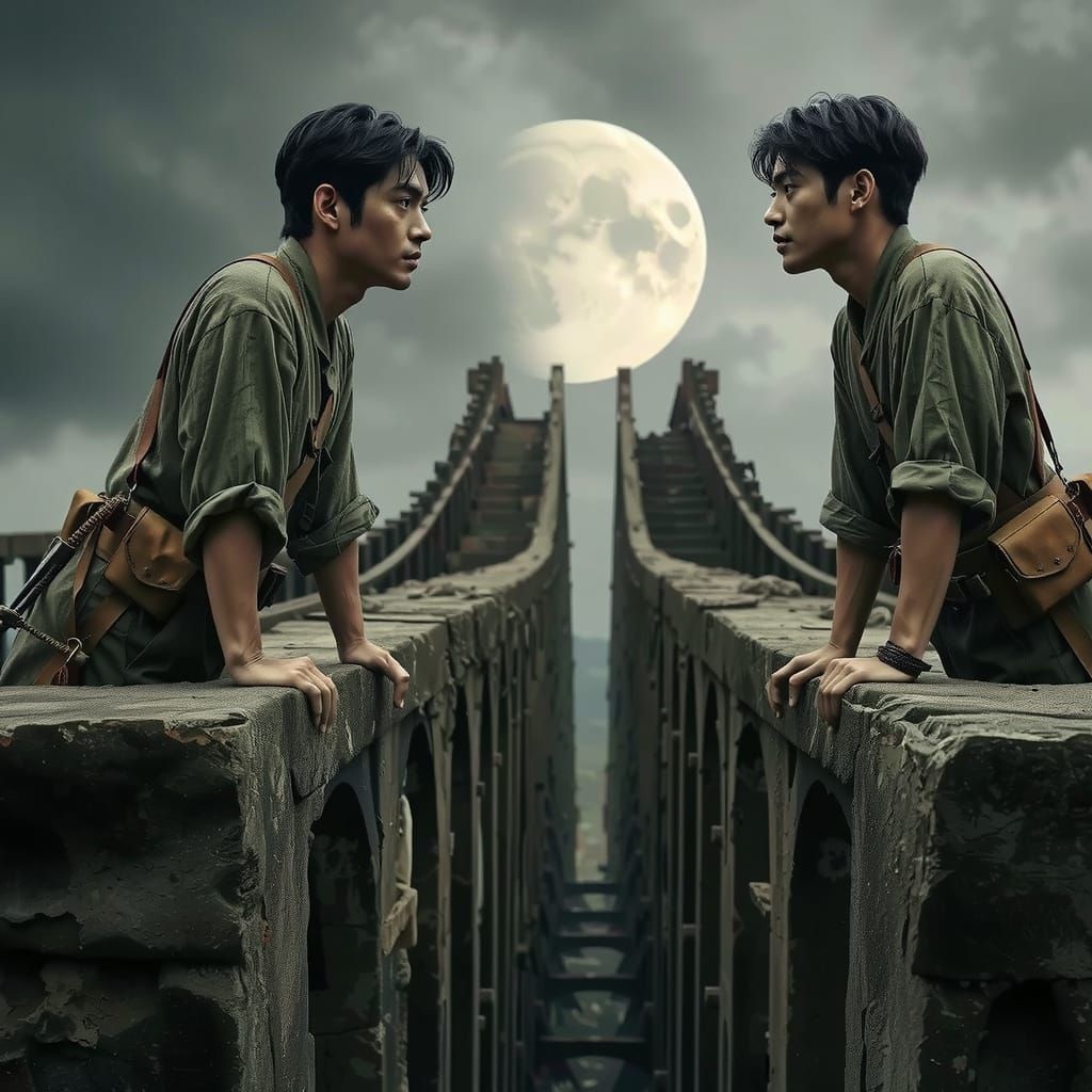 Korean Soldiers Reach Across Ruined Bridge: Pre-Raphaelite S...