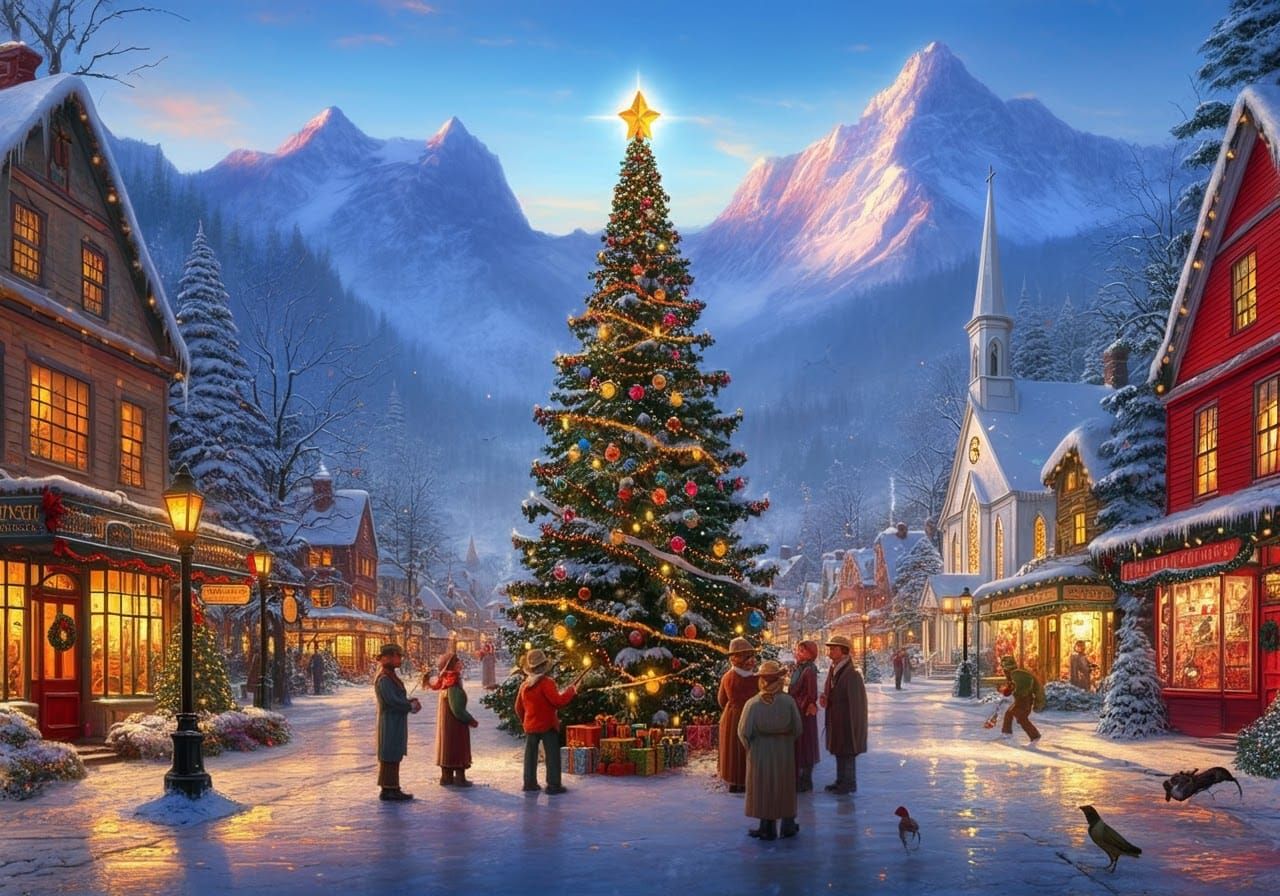 Golden Christmas Village in a Snowy Valley