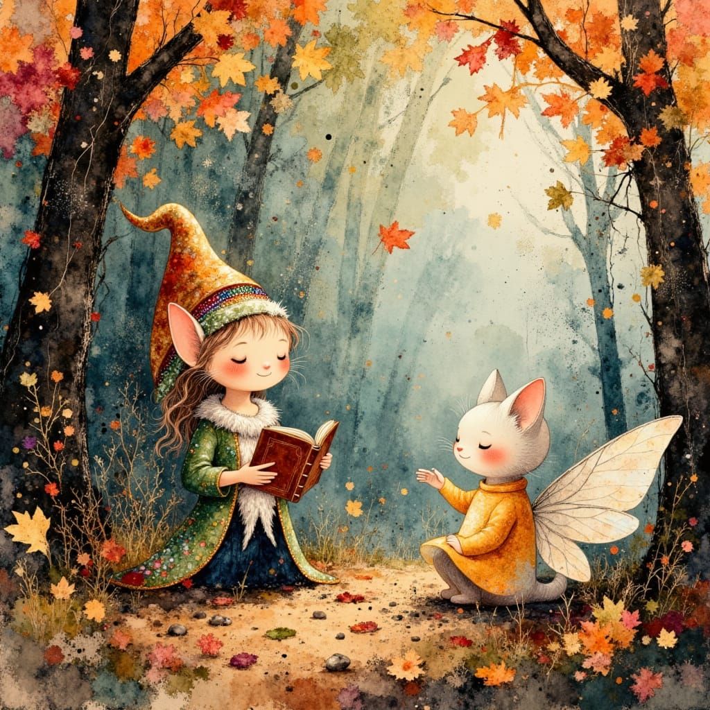 Kittens and Elves Play in Autumn Leaves