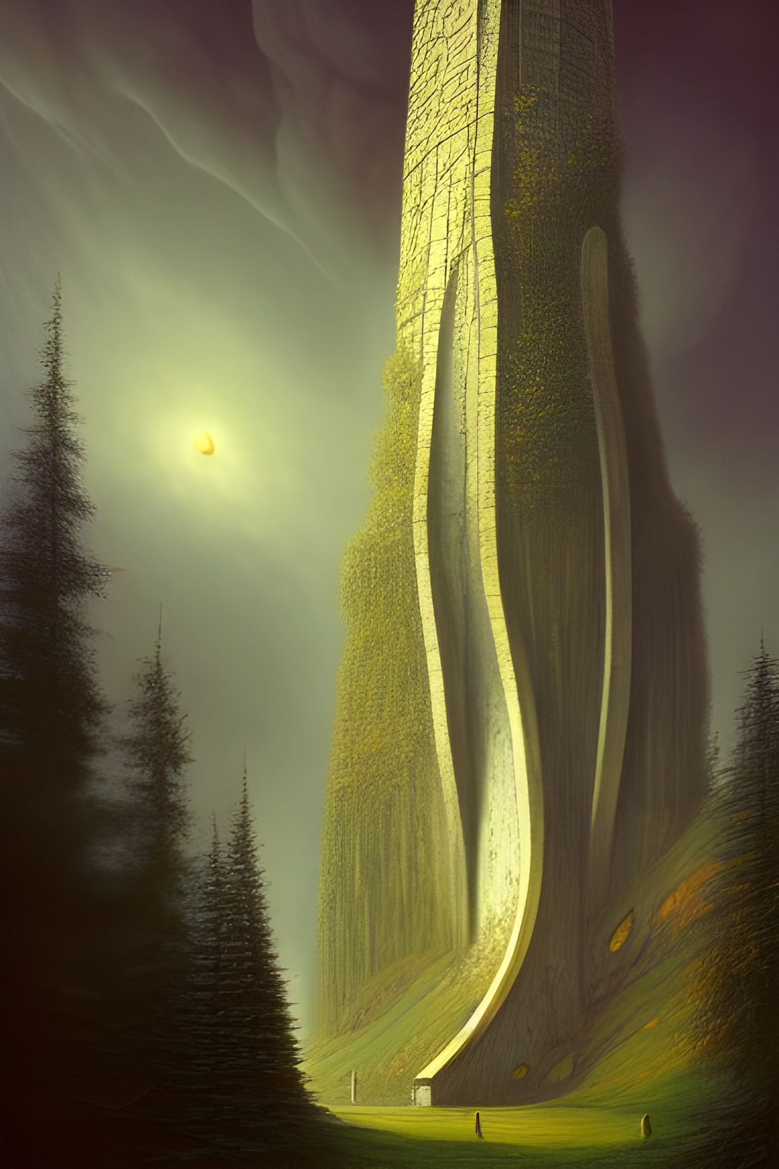 Surreal Mountain Tower with Portals in 3D Rendered Style