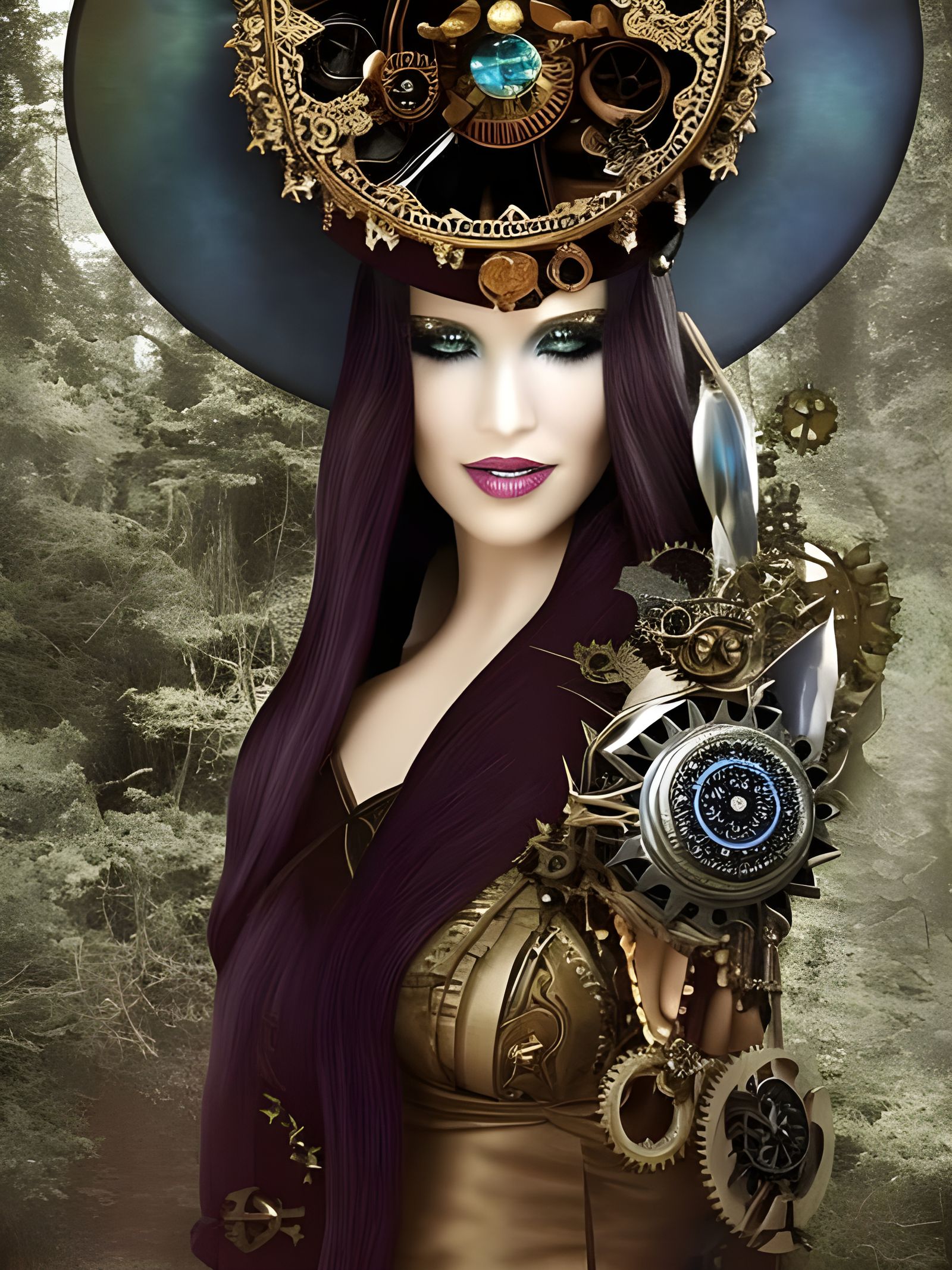 Steampunk Goddess with Gears in Mystical Setting