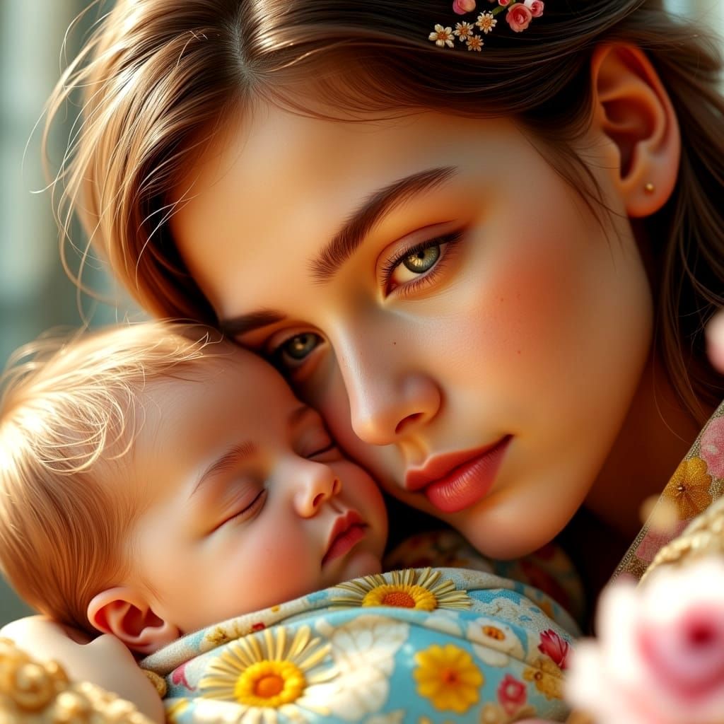 Mother's Loving Embrace in Dreamy Pastel Hues