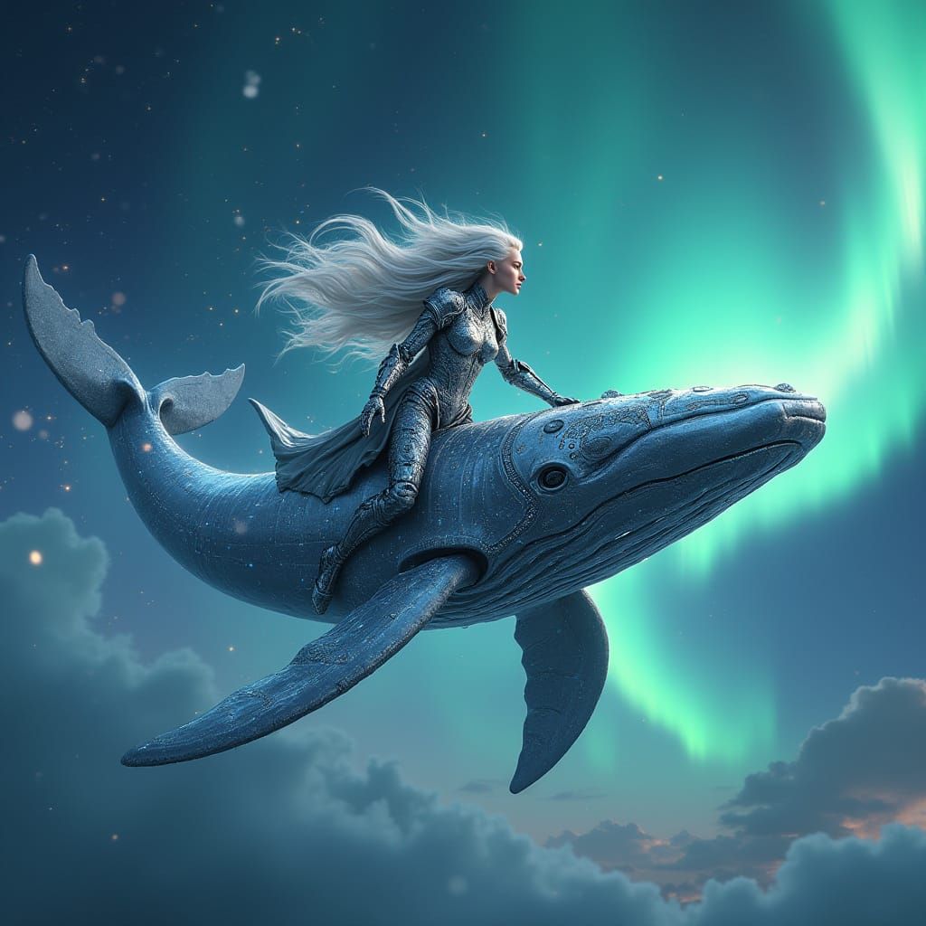 Cyberpunk Valkyrie Soars Through the Aurora Borealis on a Bi...