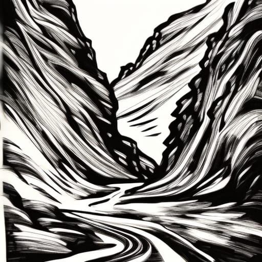 Snowy Mountain Gorge in Ink Drawing Style