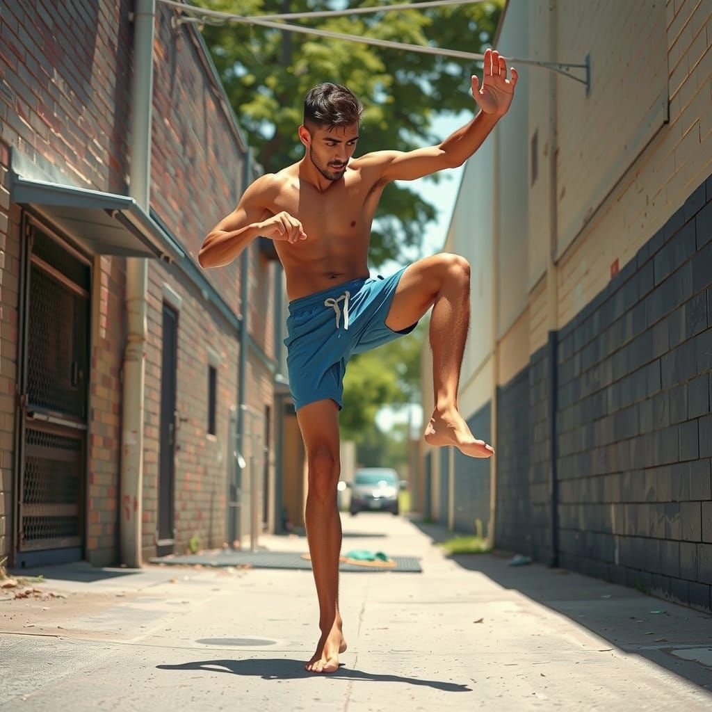 Dynamic Karate Kick in Urban Back Alley