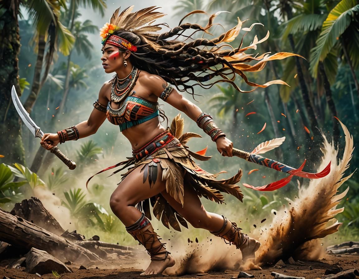 Polynesian Warrior in Motion: Gauguin-Inspired Digital Art