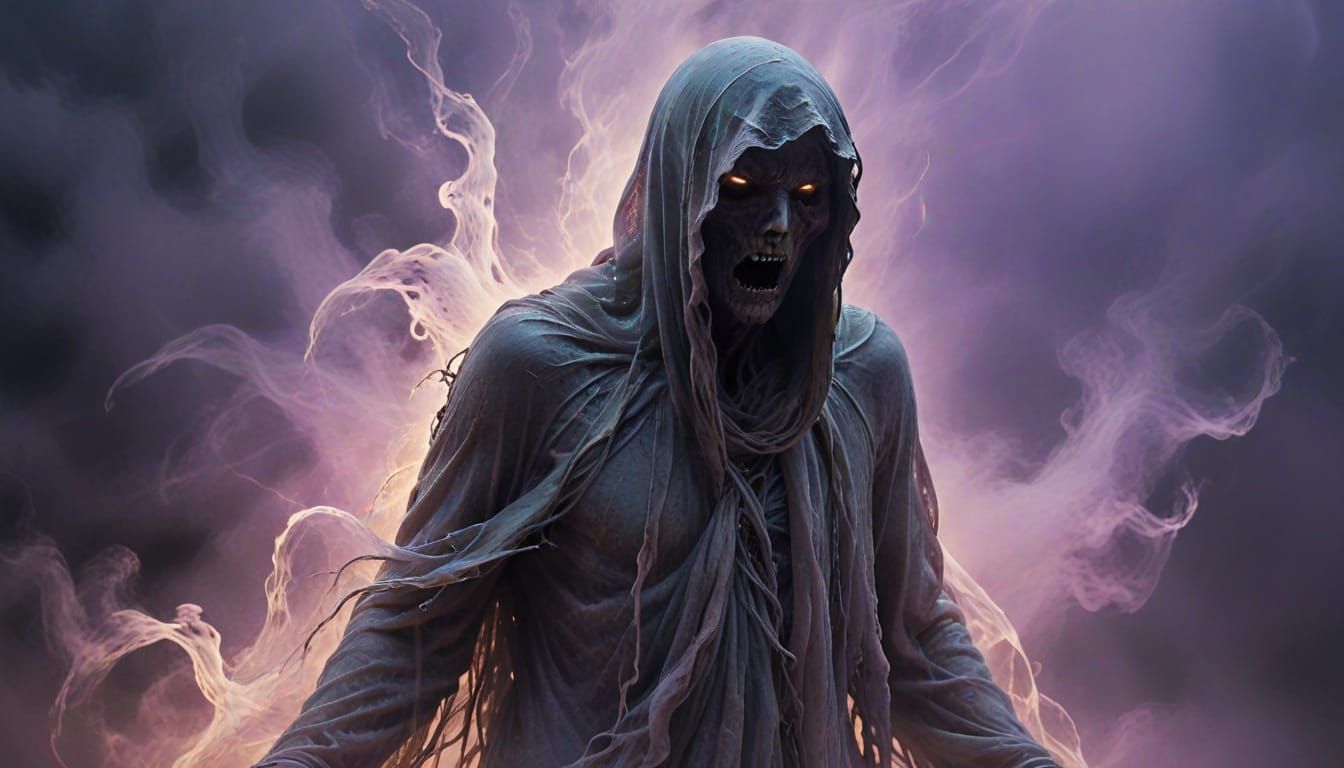 Ghostly Figure in Twilight Mist, Face Distorted by Anger