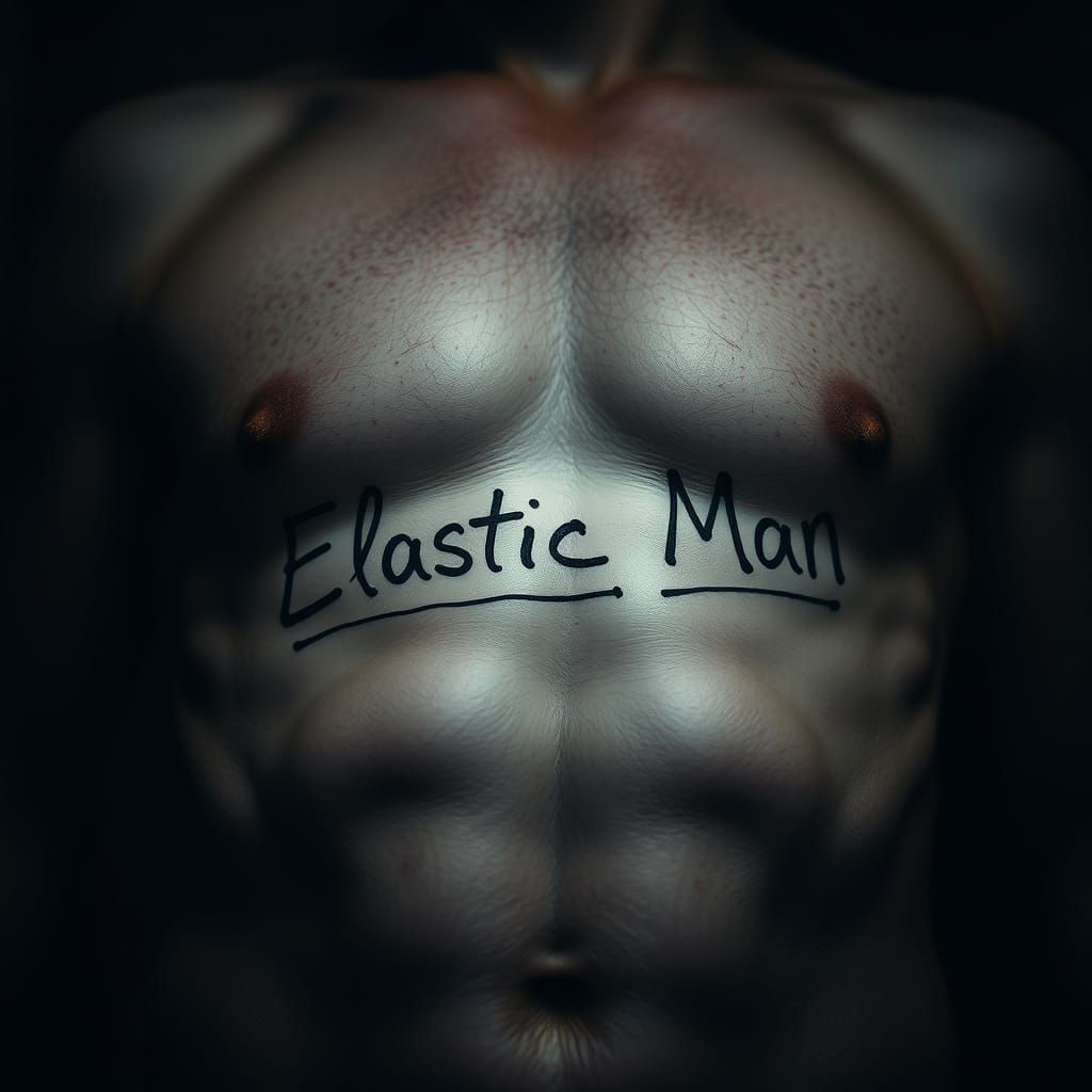 Elastic Man Written on Stomach in Digital Art Style