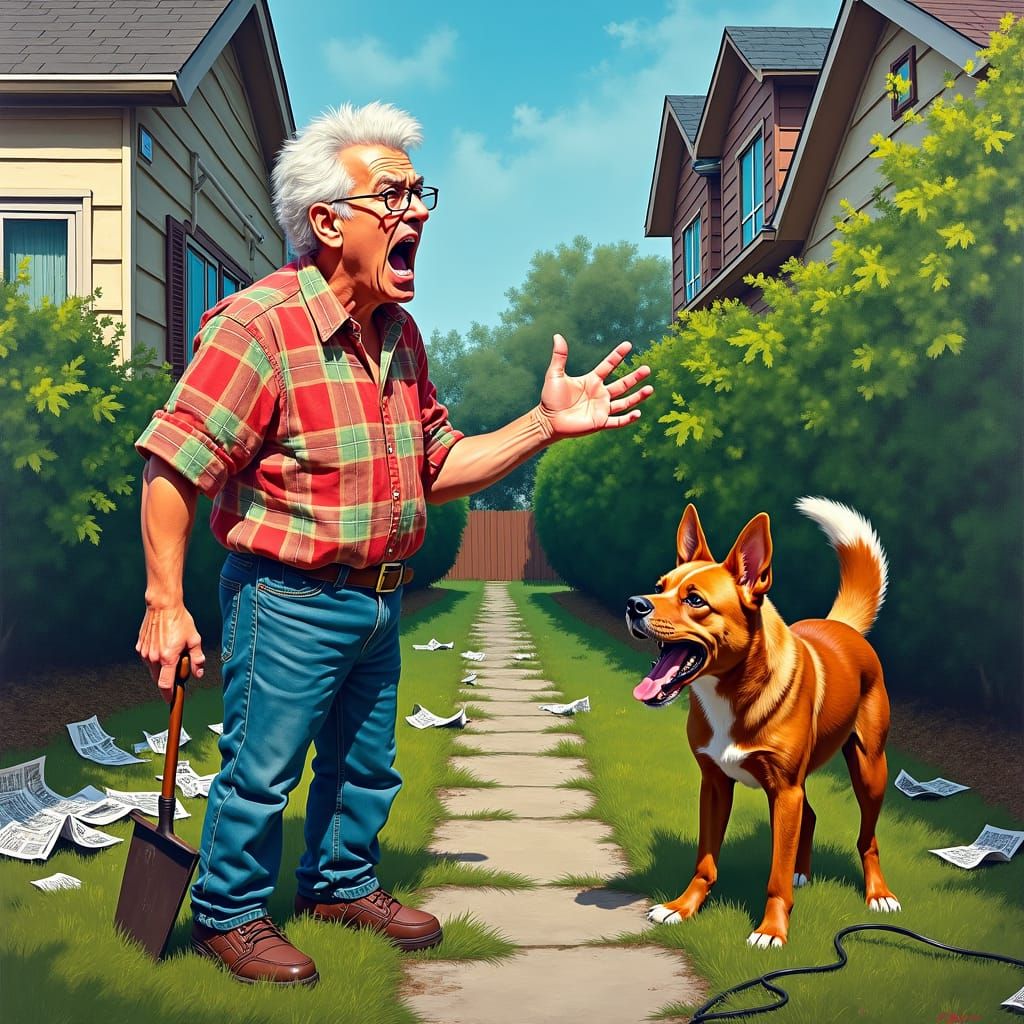 Frustrated Homeowner Shouts at Barking Dog in Neo-Expression...