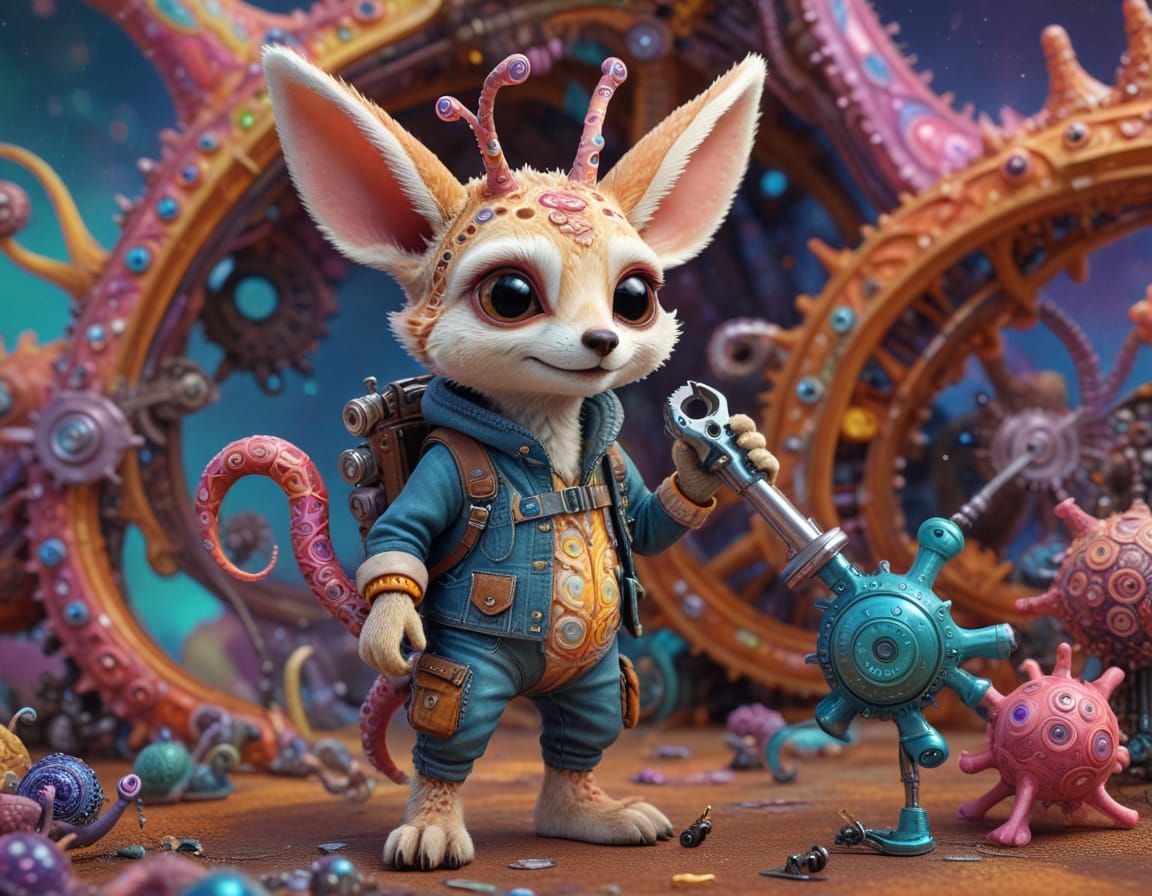 Whimsical Snail Giraffe Hybrid Wields Wrench in Fractal Land...