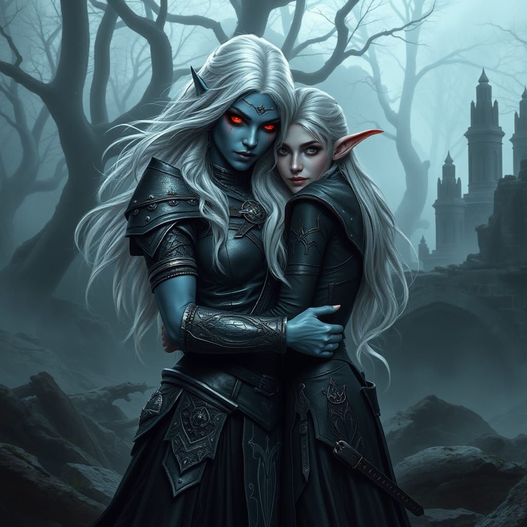 Majestic Drow Warrior in Whispers of Ancient Ruins