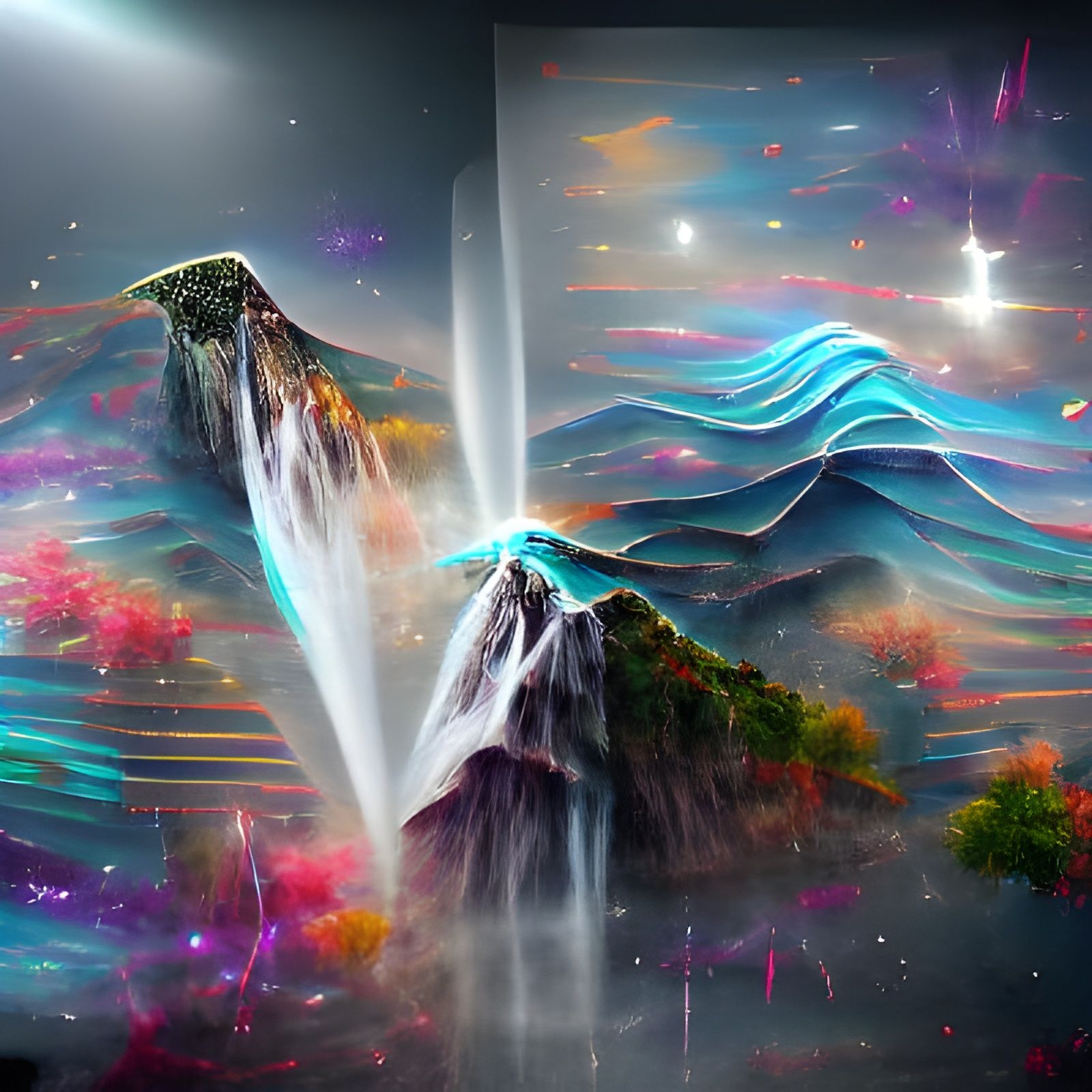 Cosmic Waterfall and Mountains: Holographic Illustration