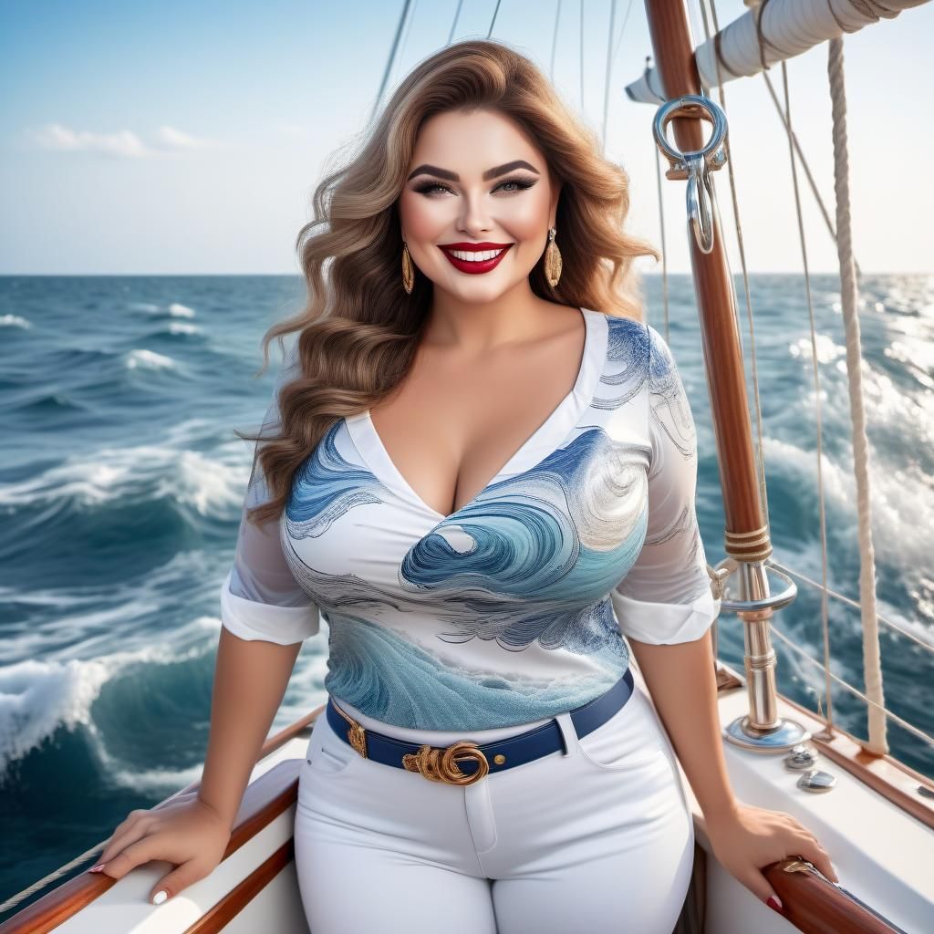 Curvy Woman on a Sailing Boat in High Seas