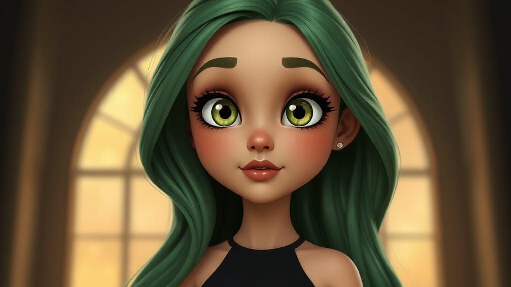 Cute Disney-Inspired Woman with Green Hair and Warm Lighting