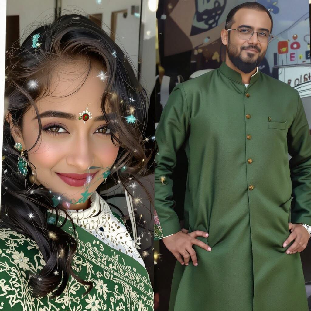 Romantic Indian Couple in Lush Field, Disney-style Illustrat...