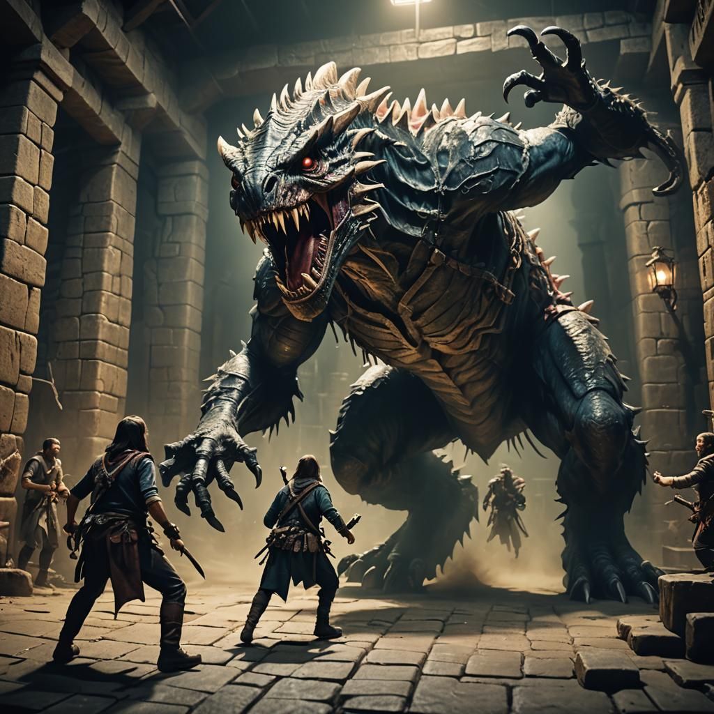 Mimic Monster Attacks Adventurers in Dungeon: Cinematic Stil...