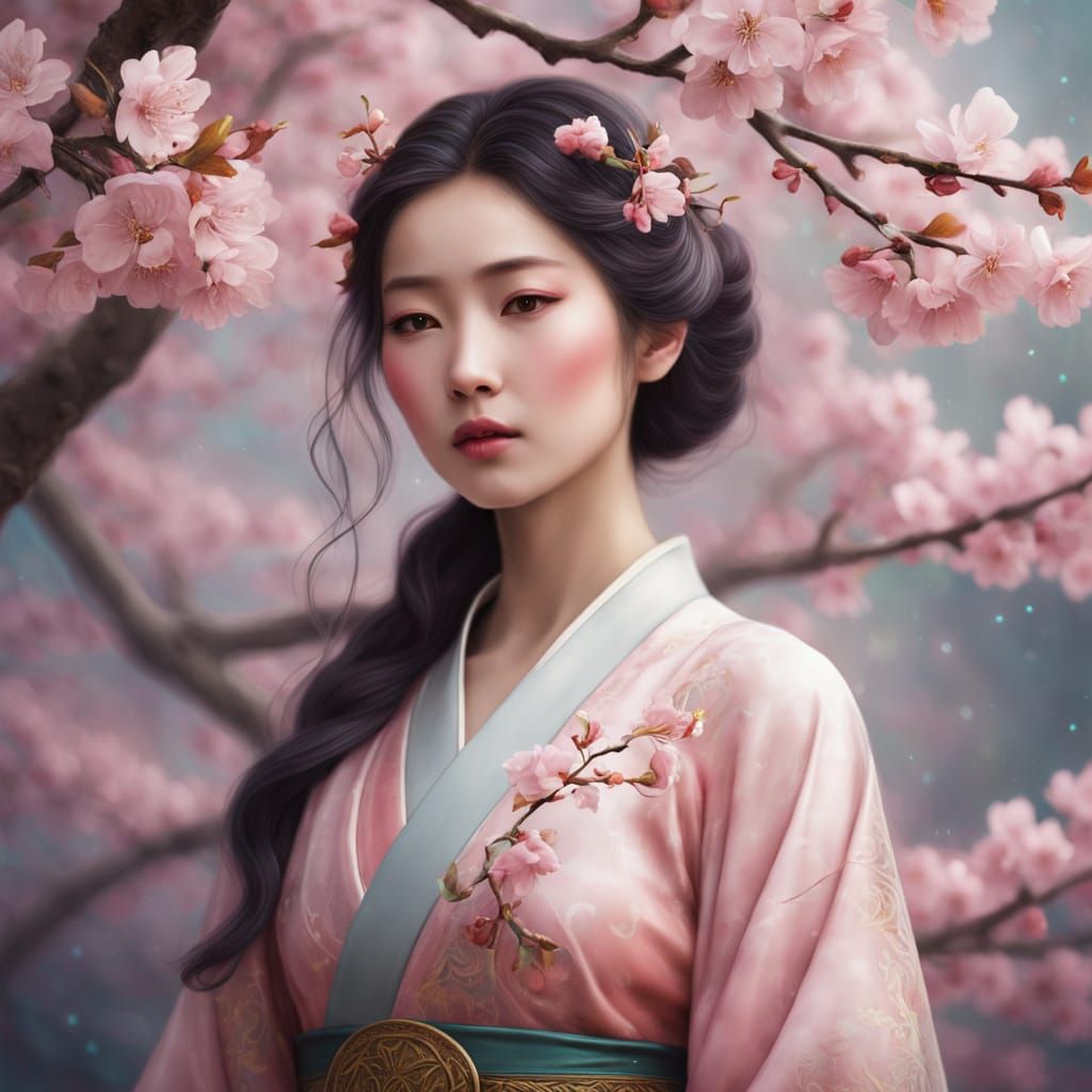 Ethereal Cherry Blossom Goddess in Serene Mountain Landscape