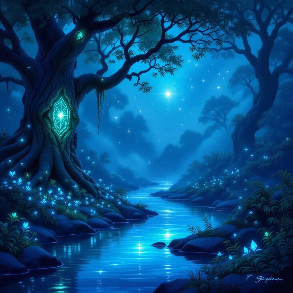 Mystic Nature Vista with Glowing Runes and Starry River