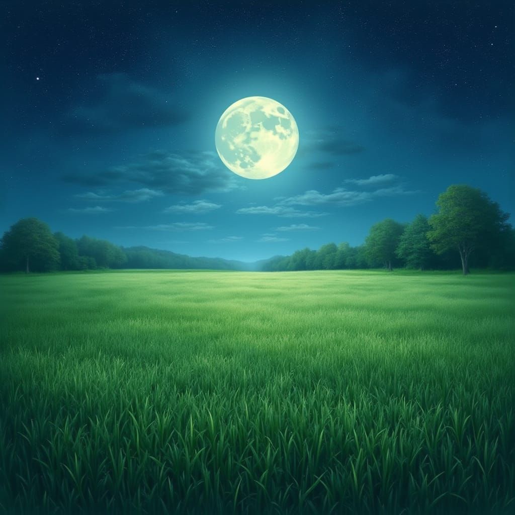 Dreamy Moonlit Meadow in a Starry Night Sky