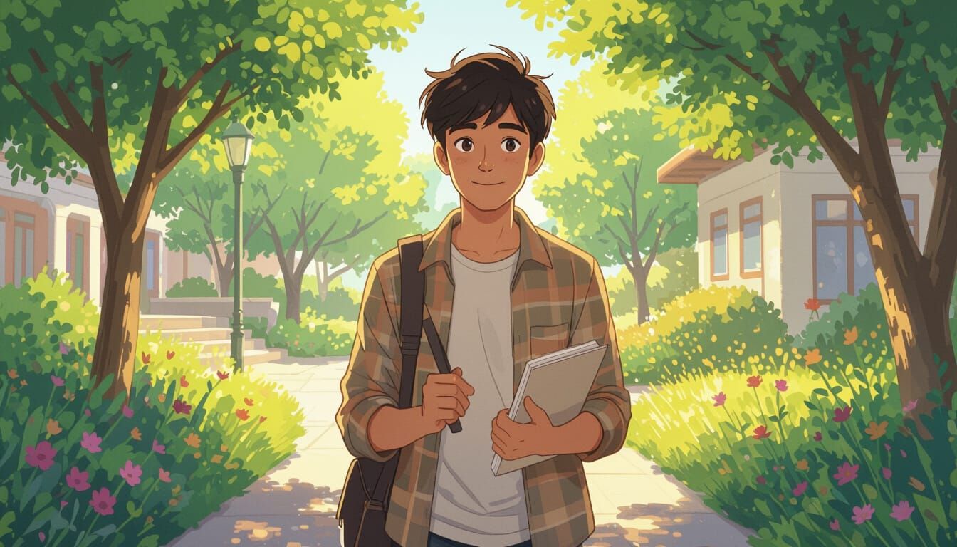 Indian Teenager in Campus Garden, Anime Style Illustration