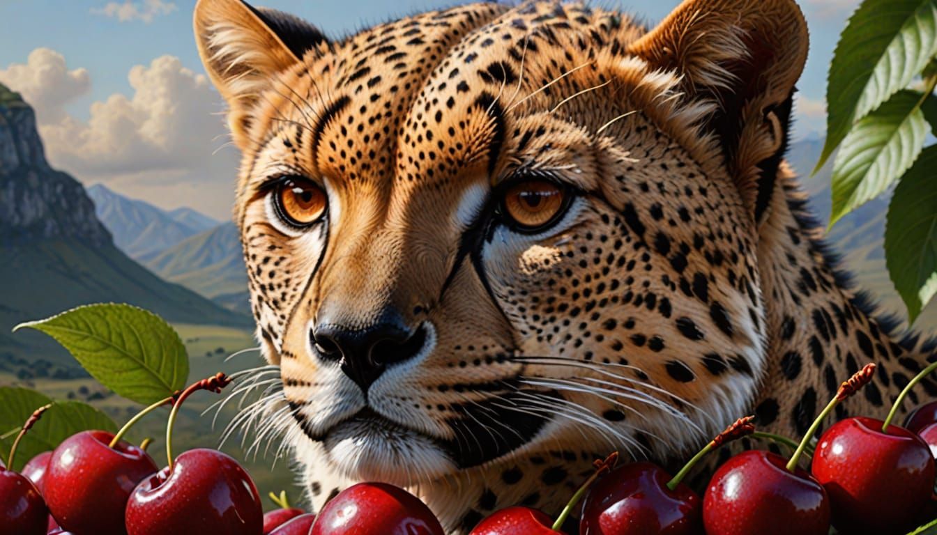 Hyperrealistic Cheetah Amidst Cherries