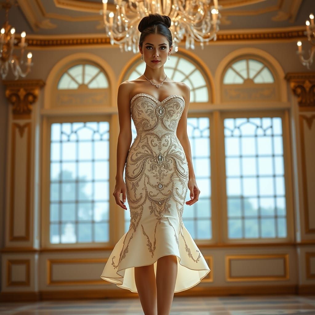 Art Deco Woman in Crystal Dress in Grand Ballroom