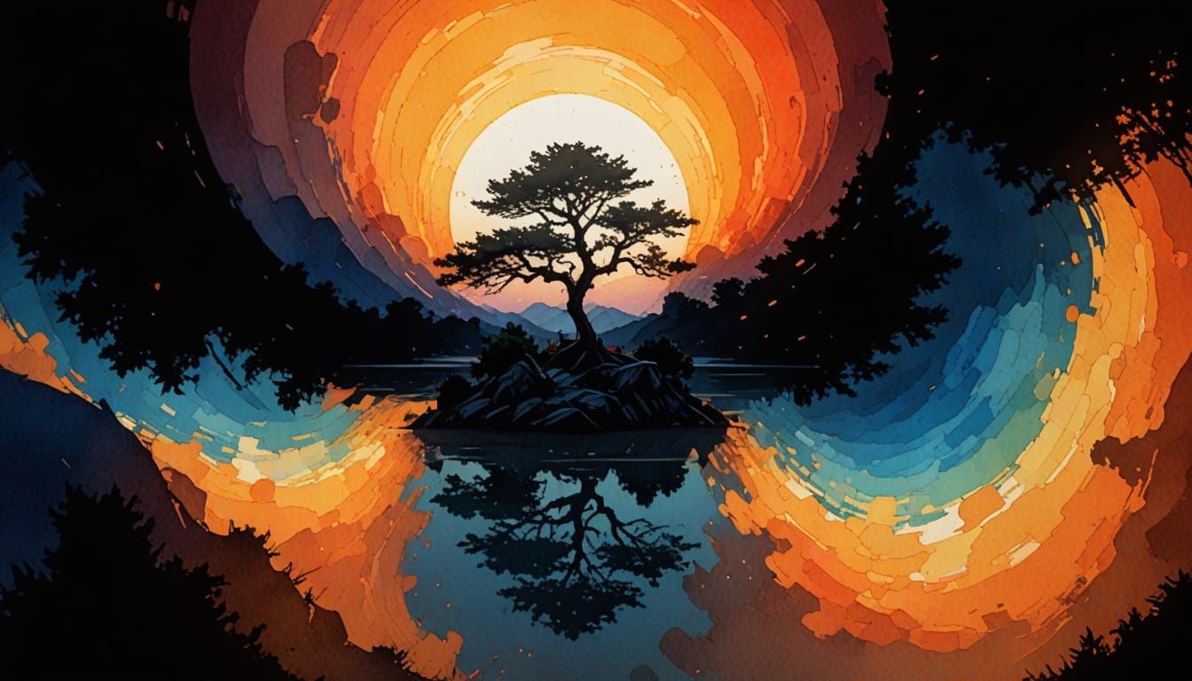 Epic Watercolor Sunset on the Riverside