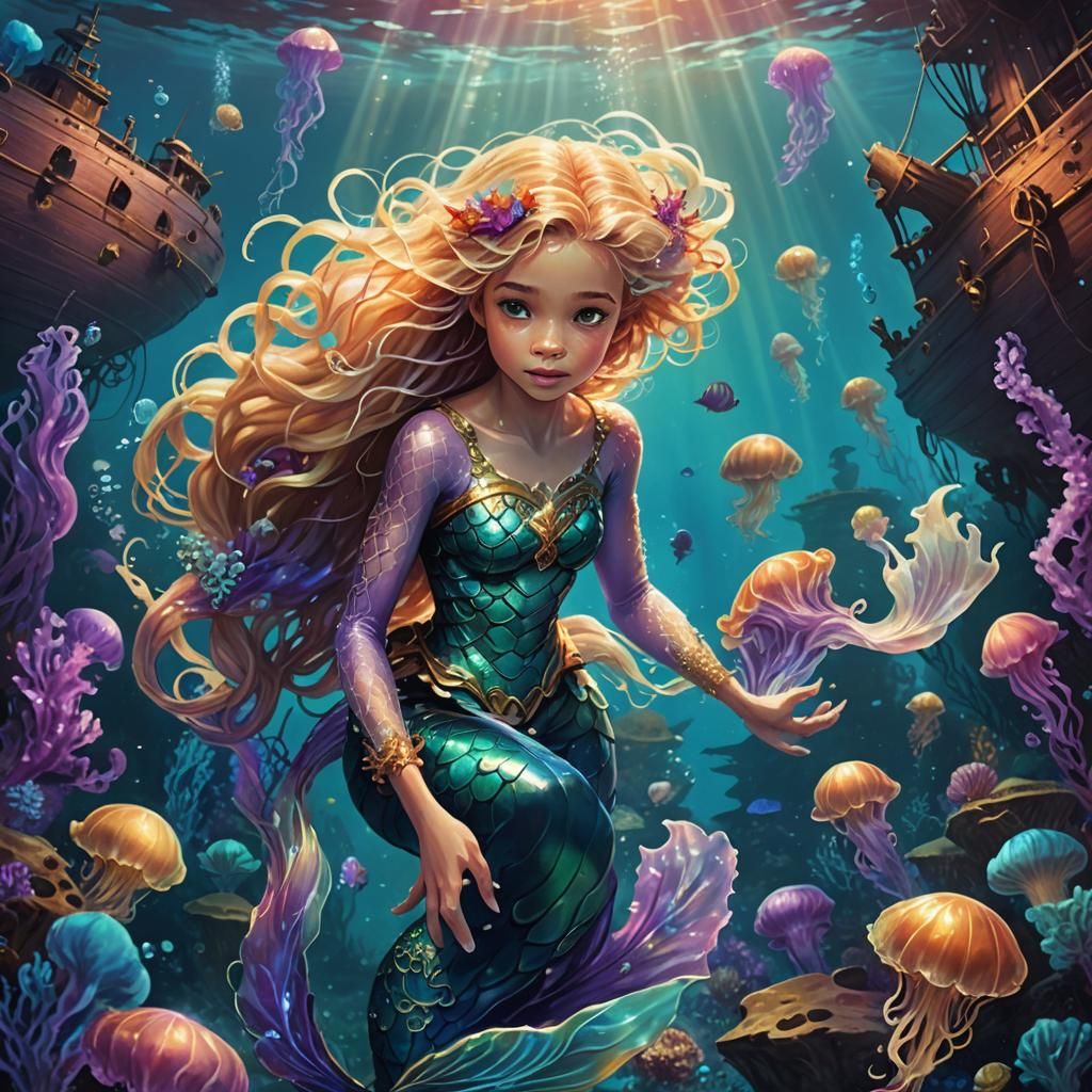 Blonde Mermaid near Sunken Ship, Fantasy Concept Art
