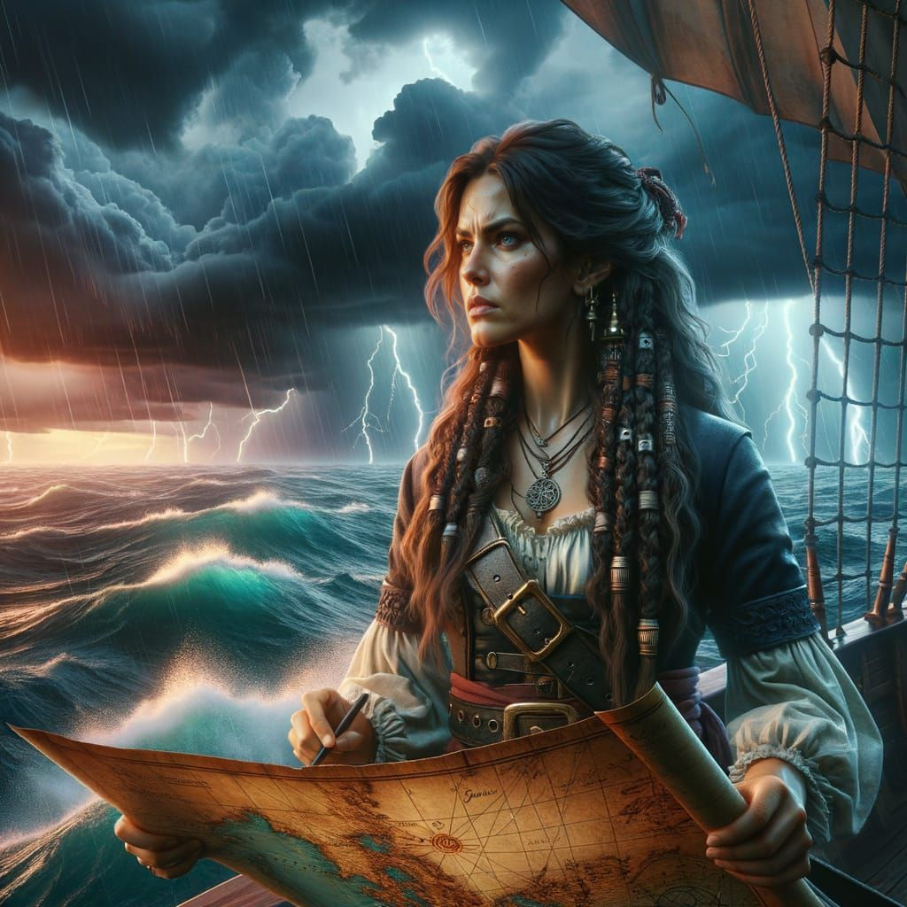 Medium shot. A fierce female pirate captain with long, braided hair and a determined expression stands on the deck of a ...