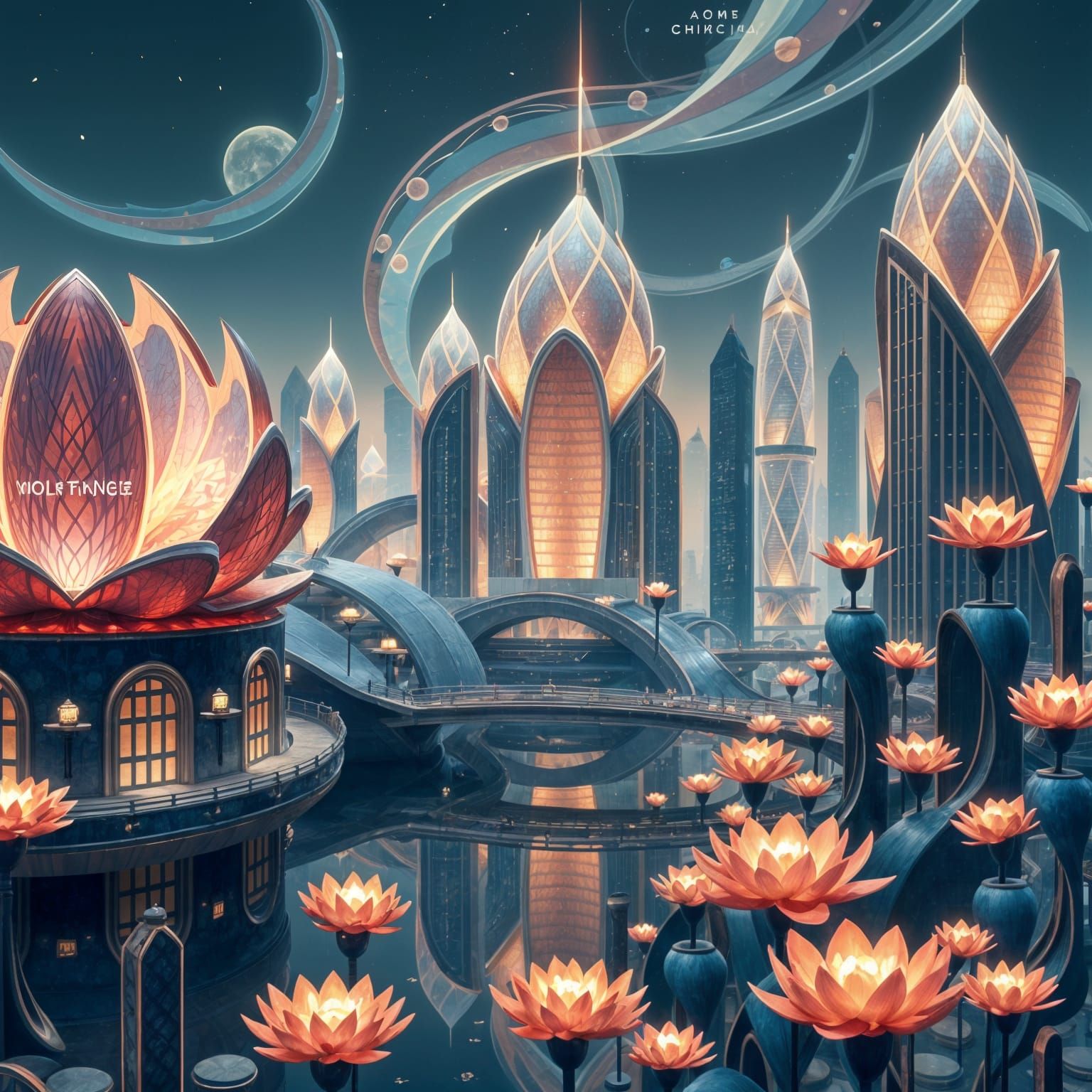 Surreal Lotus Petal Cityscape in Cyberpunk Style